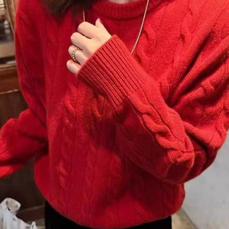 Damen Kastiger Kabelstrick‑Pullover mit Rundhals, extraweichem Wollmix und gerippten Bündchen Drune