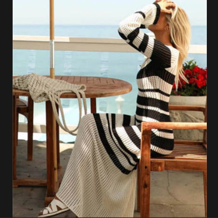 Damen Strickmaxikleid mit modischem Streifenmuster und eleganten Ärmeln Drune
