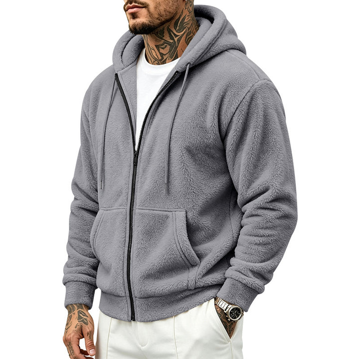 Herren Fleece-Kapuzenjacke mit Teddy-Innenfutter, durchgehendem Reißverschluss und Kängurutaschen Drune