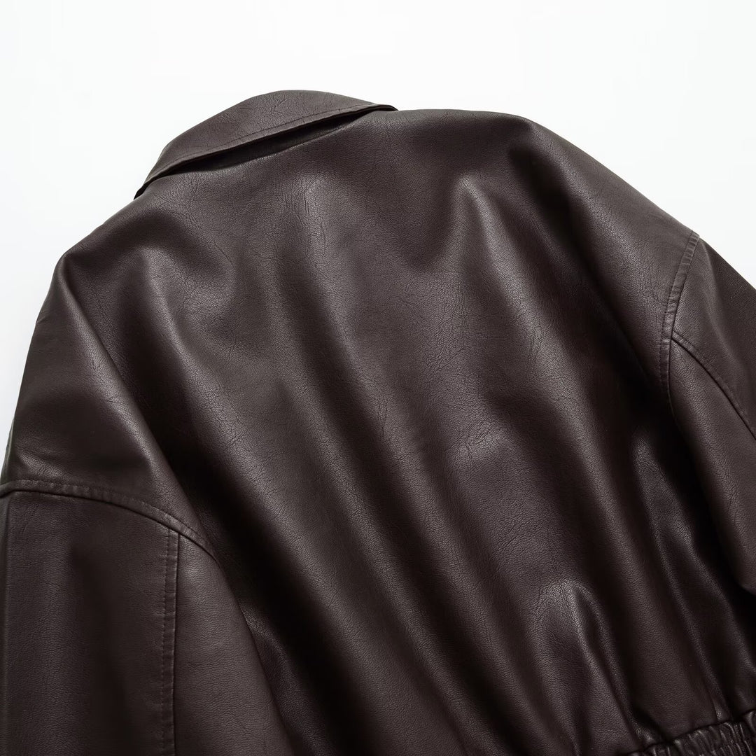 Damen Kurze Boxy-Bomberjacke aus veganer Lederoptik mit Hemdkragen und elastischem Bund Drune