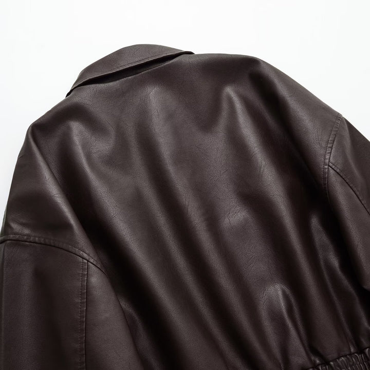 Damen Kurze Boxy-Bomberjacke aus veganer Lederoptik mit Hemdkragen und elastischem Bund Drune