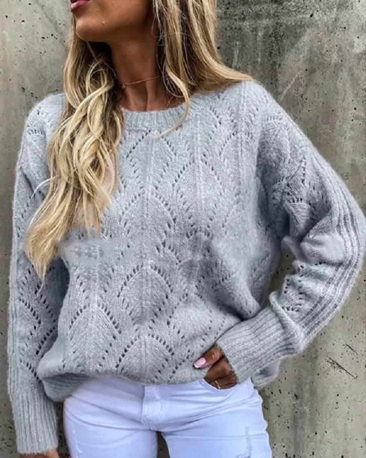 Damen Oversize Ajourstrick-Pullover mit Rundhalsausschnitt Drune