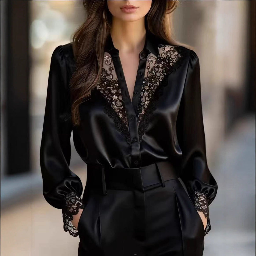 Damen elegante Bluse mit romantischen Spitzenakzenten Drune