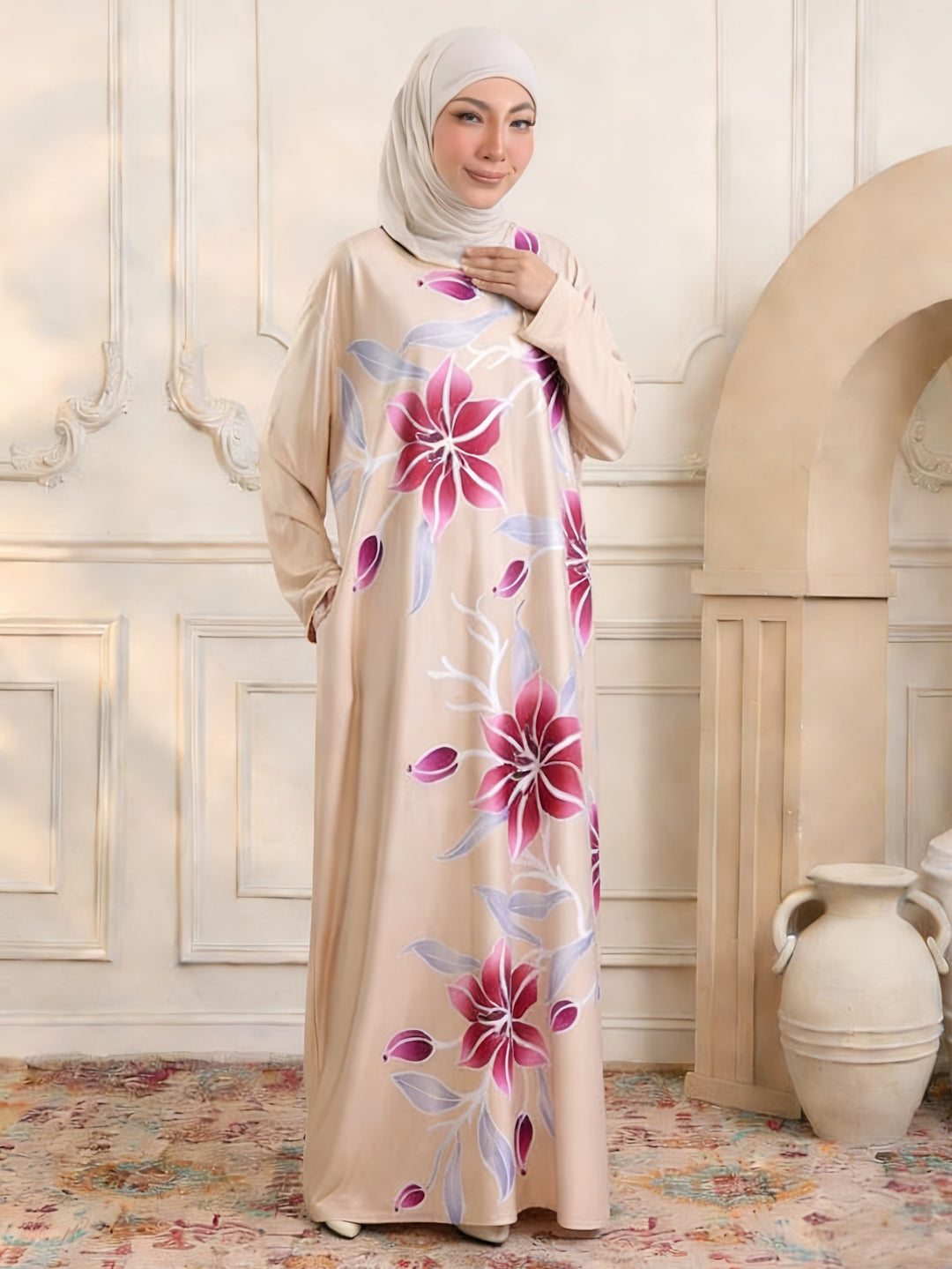 Damen Maxikleid im Kaftan-Stil mit handbemaltem Blumenprint Drune