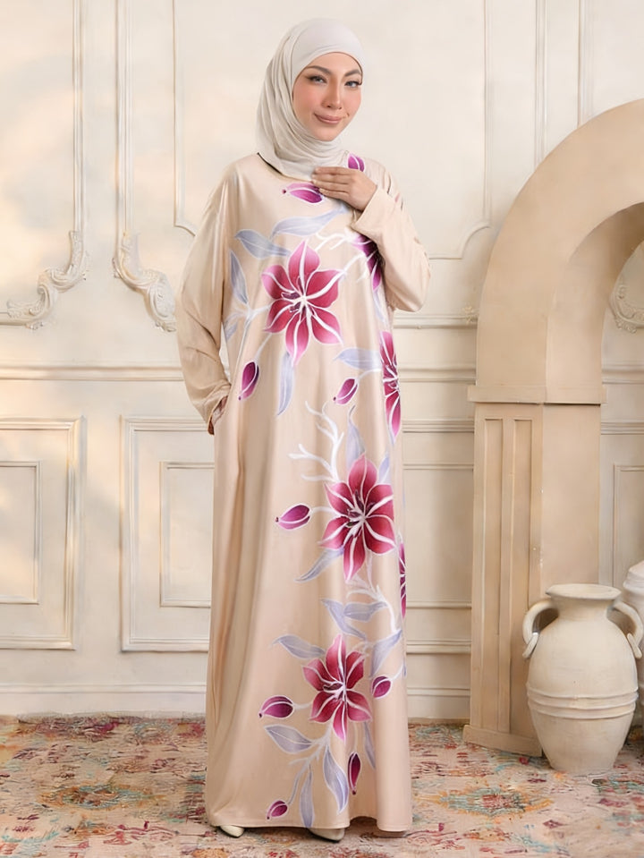 Damen Maxikleid im Kaftan-Stil mit handbemaltem Blumenprint Drune
