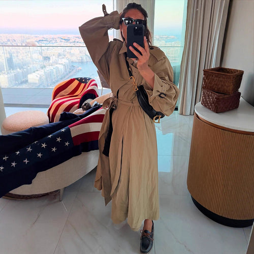 Damen Oversize-Trenchcoat mit voluminösen Ballonärmeln, Kordelzug und abnehmbarer Kapuze Drune
