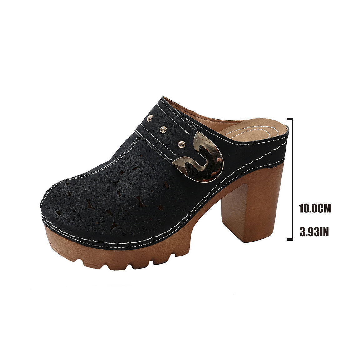 Damen Plateau-Clogs mit floralem Perforationsmuster, dekorativer Metallschnalle und hohem Blockabsatz Drune
