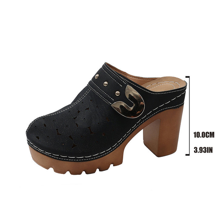 Damen Plateau-Clogs mit floralem Perforationsmuster, dekorativer Metallschnalle und hohem Blockabsatz Drune