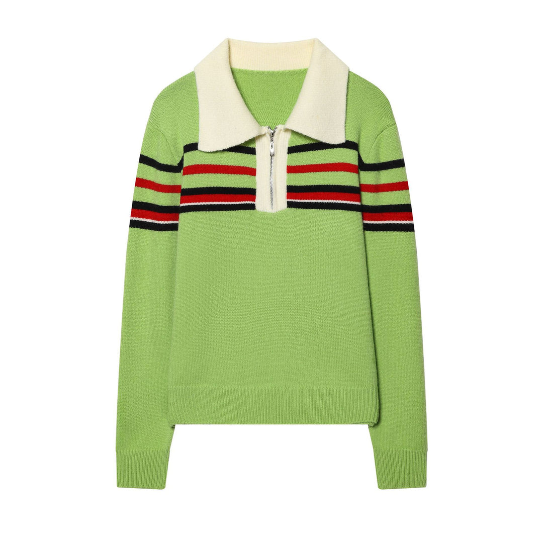 Damen nan gerippter Strickpullover mit halbem Reißverschluss, großem Kontrastkragen und gestreifter Brustpartie Drune