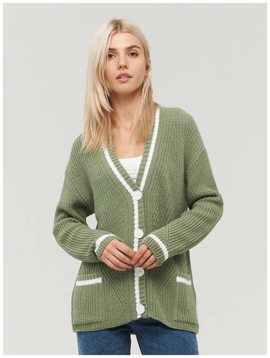 Damen gemütliche Strickjacke mit kontrastierenden Taschen und Knopfdetails Drune
