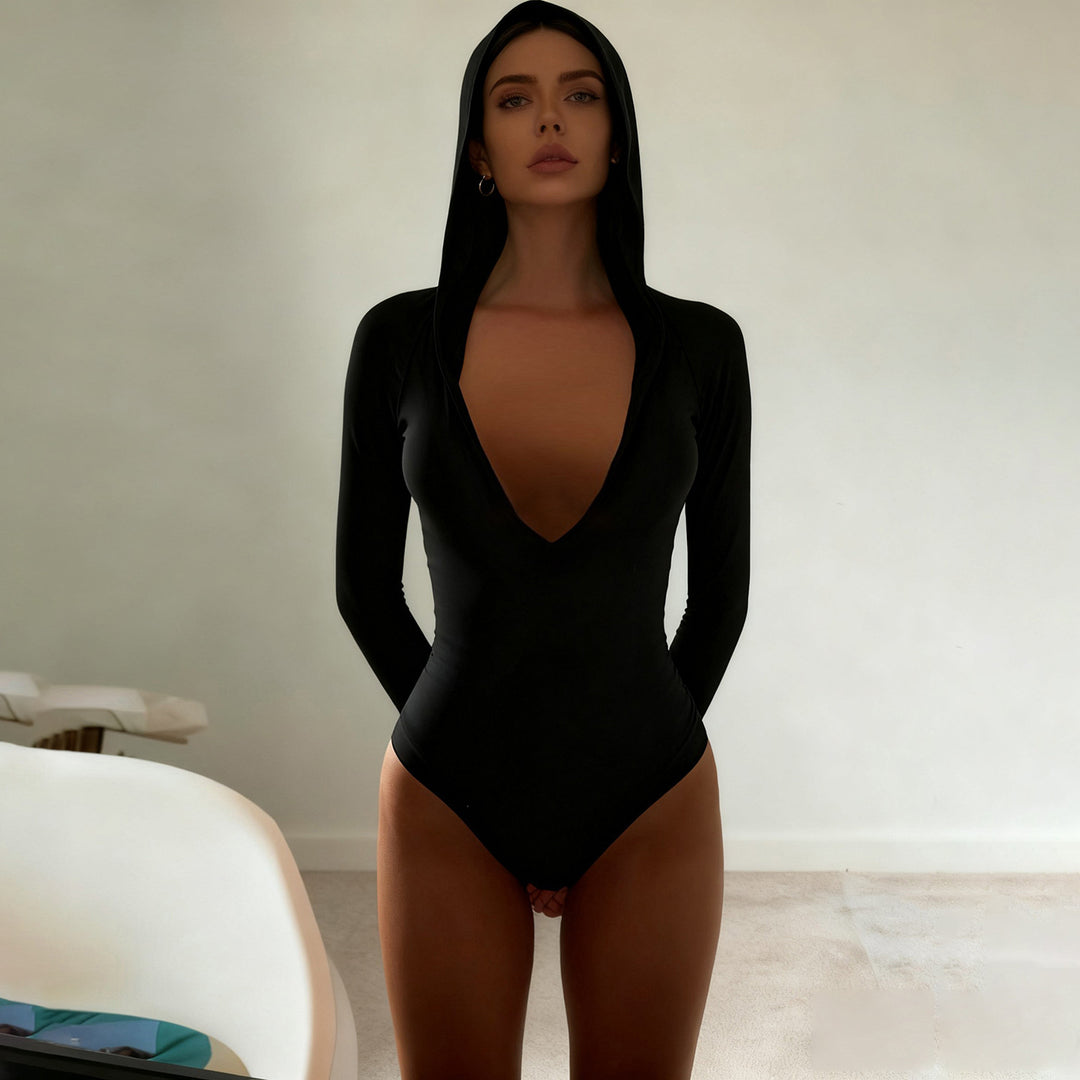 Damen Langarm-Bodysuit mit Kapuze und tiefem V-Ausschnitt Drune