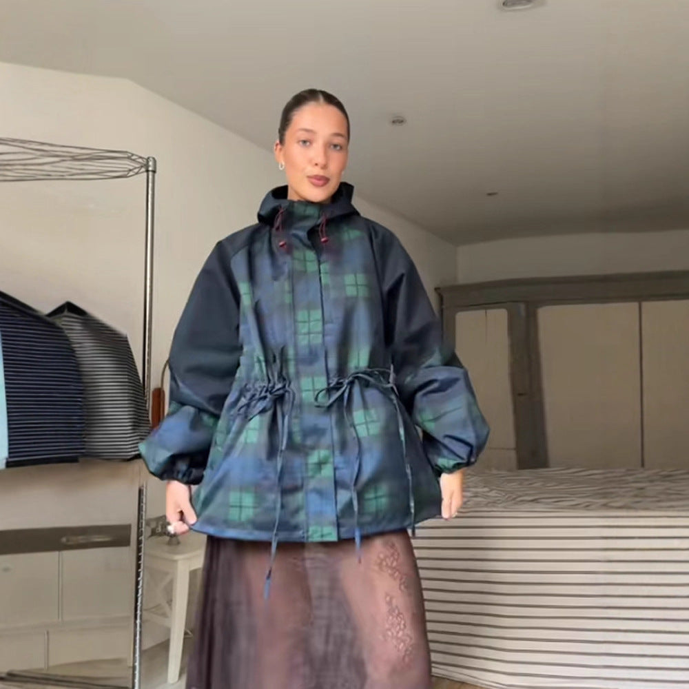Damen Oversized Jacke im lässigen Karo-Design mit praktischen Taschen und Taillenzug Drune