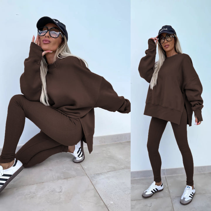 Damen komfortables Oversize-Lounge-Set mit langem Sweatshirt, gerippten High-Waist-Leggings und verlängerten Bündchen Drune