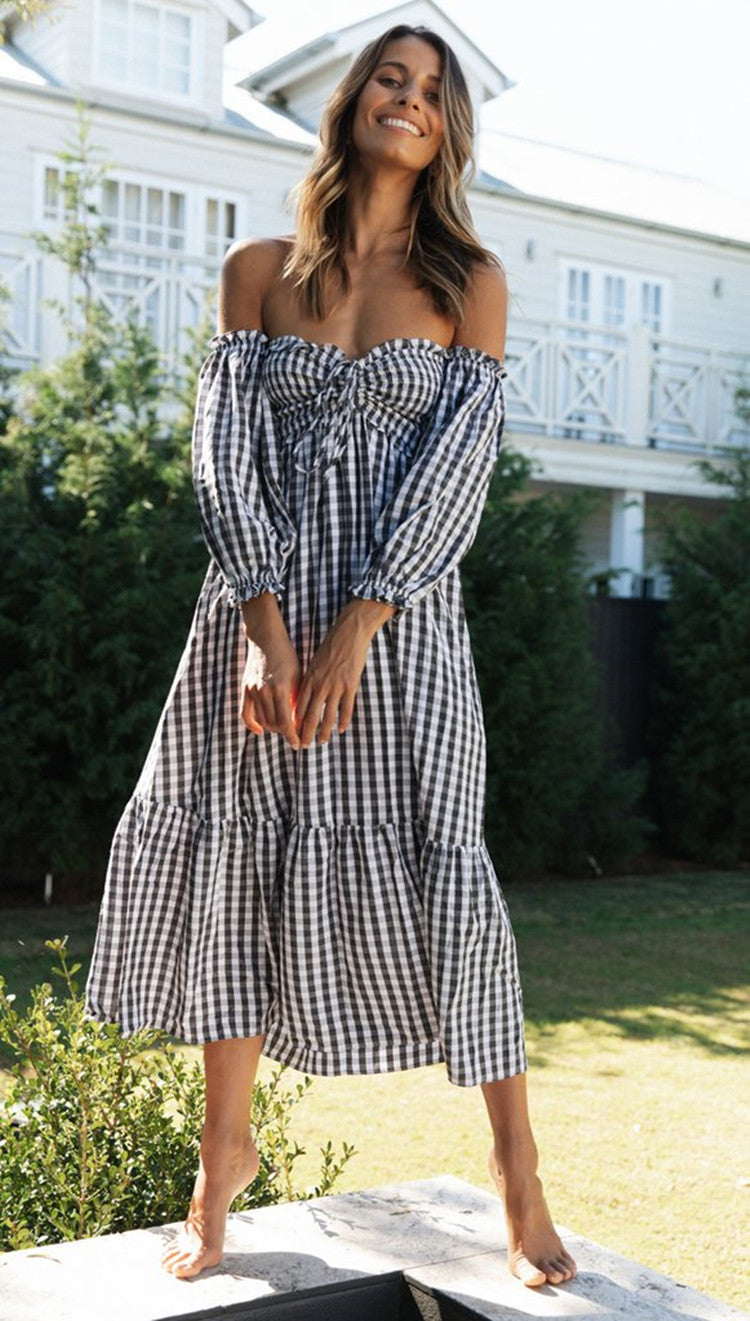 Damen Midi-Kleid mit Puffärmeln und Karomuster Drune