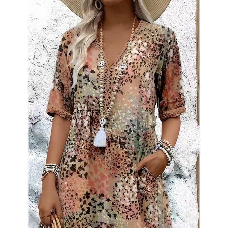 Damen Strandkleid im lässigen Stil mit Taschen und V-Ausschnitt Drune