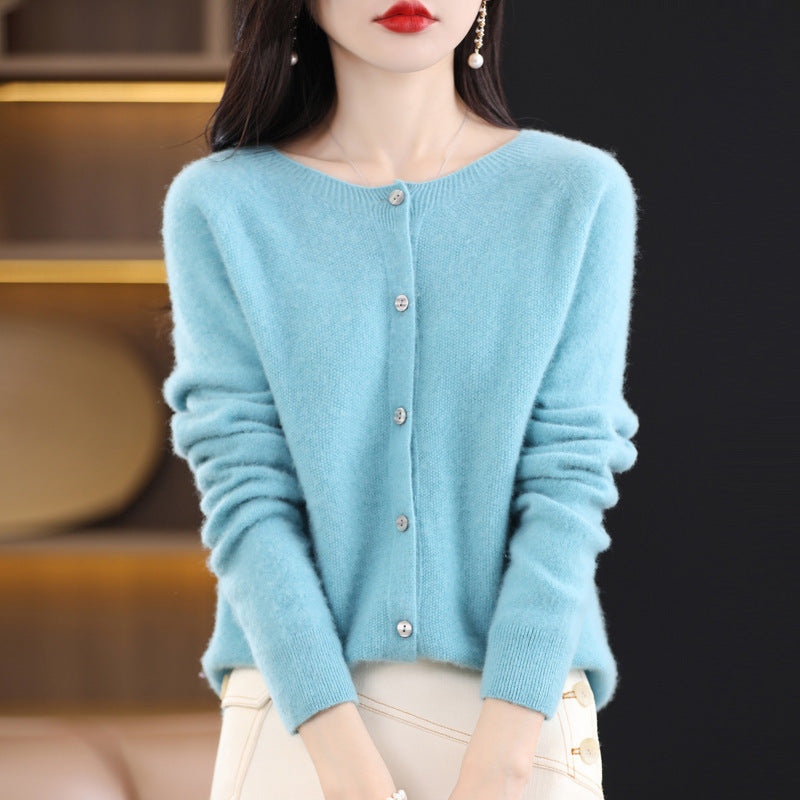 Damen Kurzgeschnittener Cardigan in Mohair‑Optik mit Rundhalsausschnitt und Perlmuttknöpfen Drune