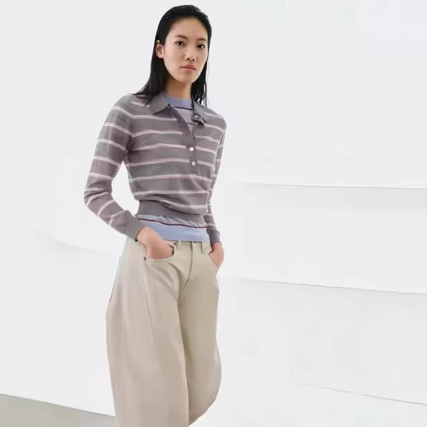 Damen Feinstrick-Polopullover mit Knopfleiste und feinen Querstreifen Drune