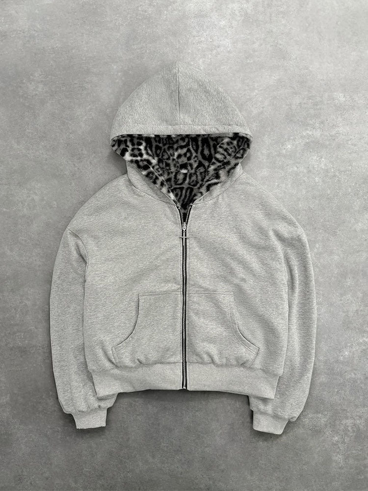 Damen nan kurze Kapuzenjacke mit Kunstfellfutter, Reißverschluss und Kängurutasche Drune