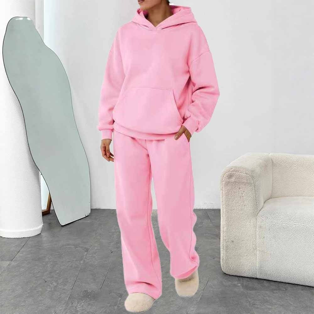 Damen nan zweiteiliges Freizeit-Lounge-Set mit Kapuzenpullover, Kängurutasche und gerader Loungehose aus weichem Baumwollmix Drune