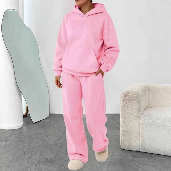 Damen nan zweiteiliges Freizeit-Lounge-Set mit Kapuzenpullover, Kängurutasche und gerader Loungehose aus weichem Baumwollmix Drune