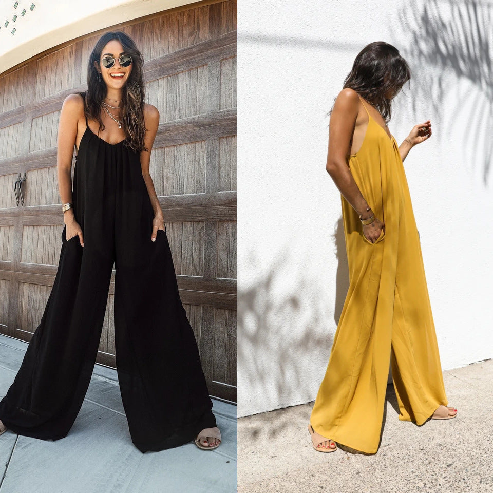 Damen Luftiger Jumpsuit mit weitem Schnitt und verstellbaren Trägern Drune