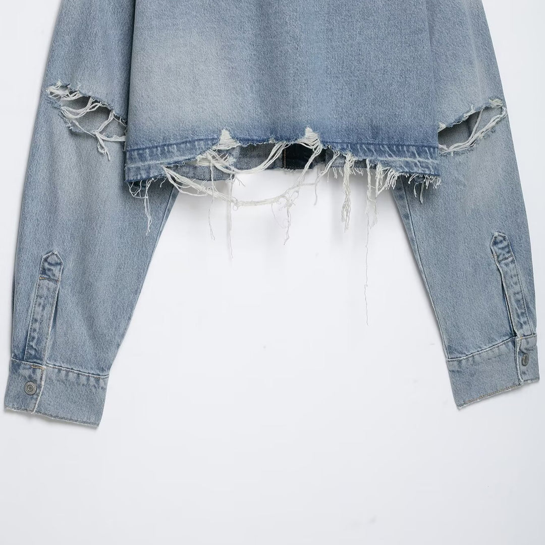 Damen Cropped Jeansjacke im Used‑Look mit ausgefranstem Saum und Oversize‑Ärmeln Drune