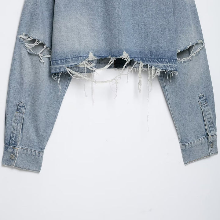 Damen Cropped Jeansjacke im Used‑Look mit ausgefranstem Saum und Oversize‑Ärmeln Drune
