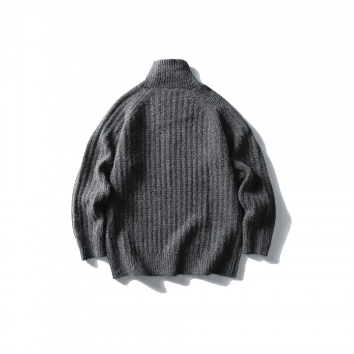 Unisex Oversize-Rippstrick-Halbzip-Pullover mit Stehkragen Drune