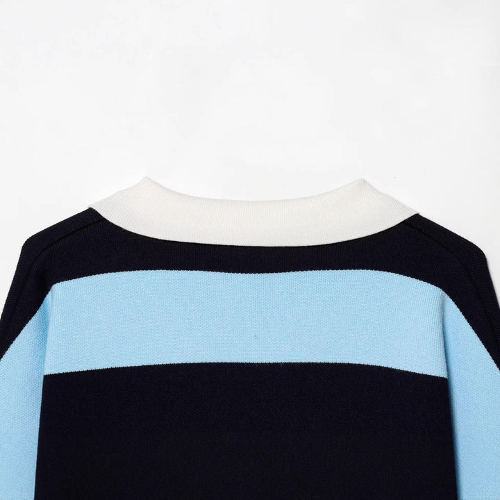 Damen Gestreifter Rugby-Pullover mit Polokragen und V-Ausschnitt Drune