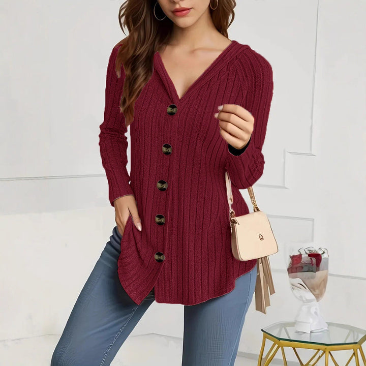 Damen nan kaschierender gerippter Strickcardigan mit V-Ausschnitt und dekorativen Knöpfen Drune