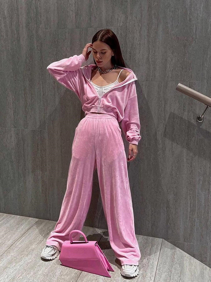 Damen nan Cropped Velours-Joggingset mit halbem Reißverschluss, gerafftem Komfortbund und breiten Bündchen Drune