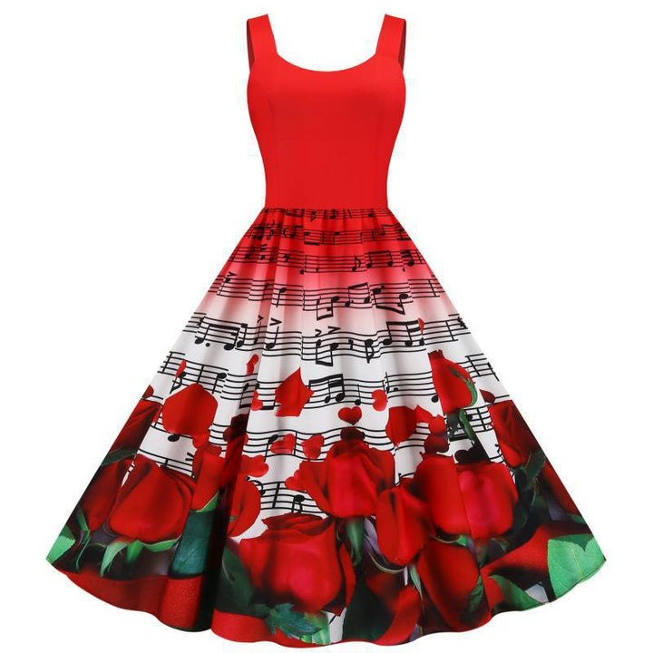 Damen Swingkleid mit musikalischem Rosenmuster und weitem Rock Drune