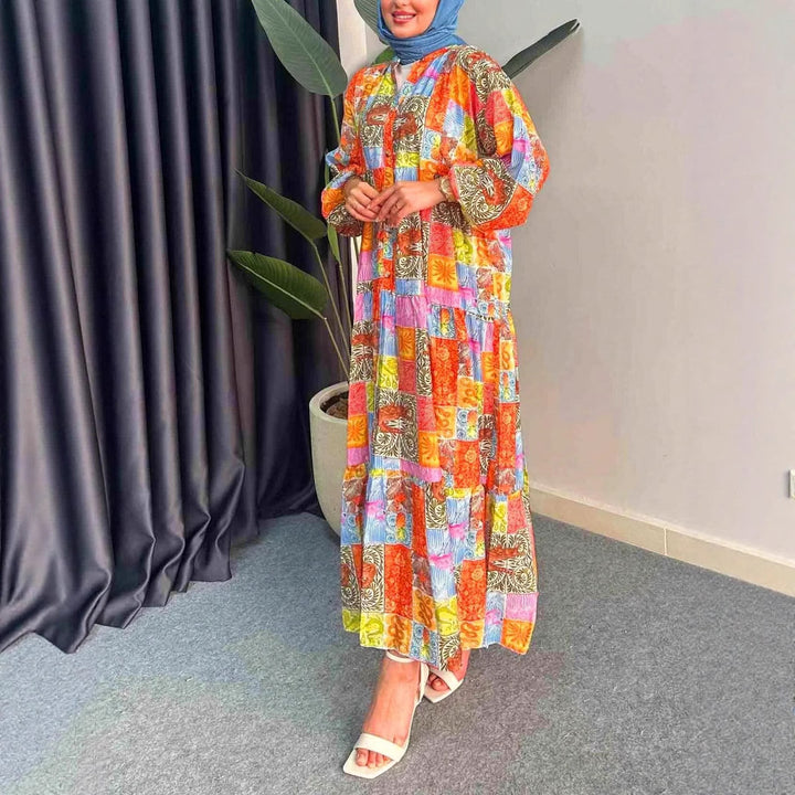 Damen Maxikleid im Boho-Stil mit buntem Patchwork-Design und weiten Ärmeln Drune