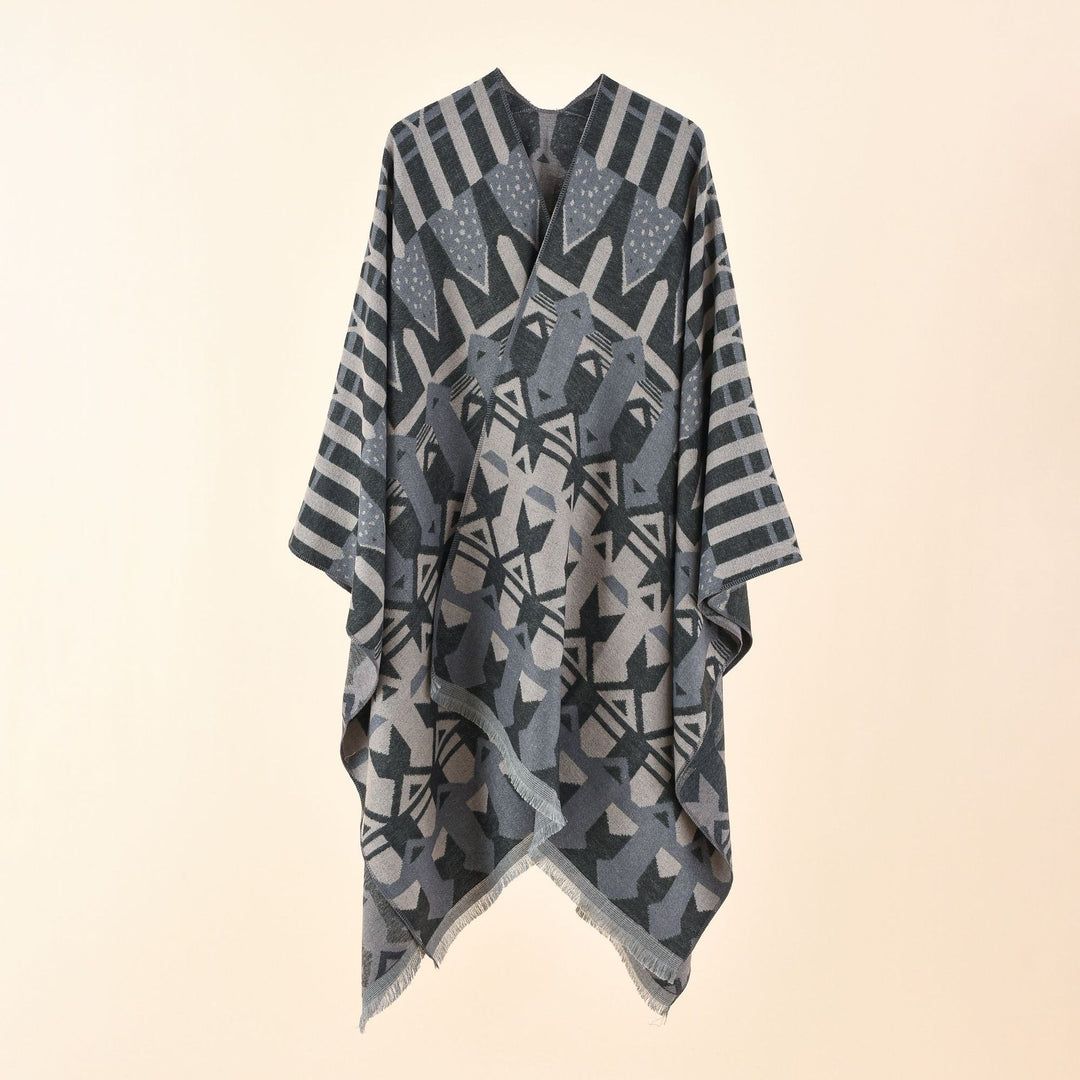 Damen Strick-Überwurfcape im Ruana-Stil mit grafischem Jacquard und Fransensaum Drune