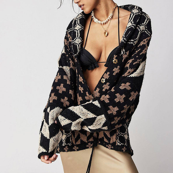 Damen Oversized Strickjacke mit Schalkragen und grafischem Muster Drune