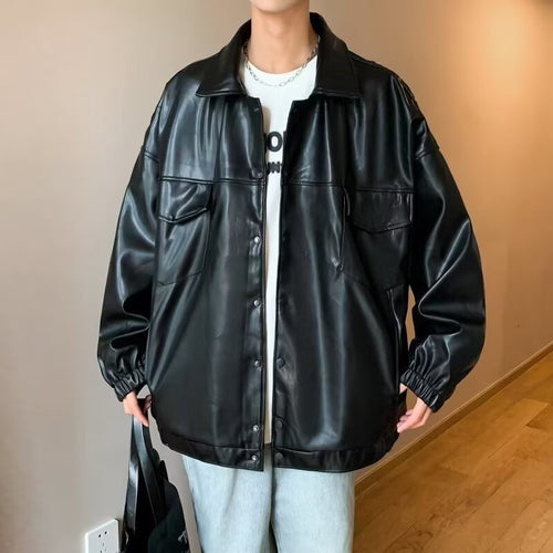 Herren Oversized PU-Leder-Shacket mit Pattentaschen und elastischen Bündchen Drune
