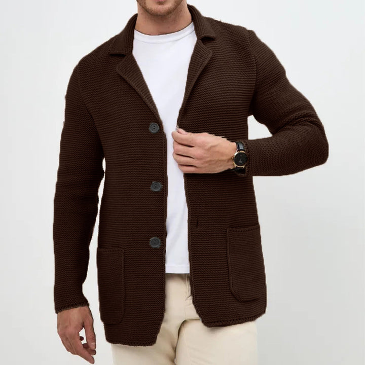 Herren grobgestrickter Strickcardigan mit Schalkragen und aufgesetzten Taschen Drune