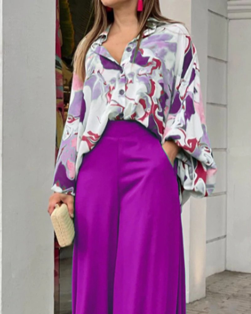 Damen Oversize Hemdbluse mit abstraktem Aquarellprint und überschnittener Schulter Drune