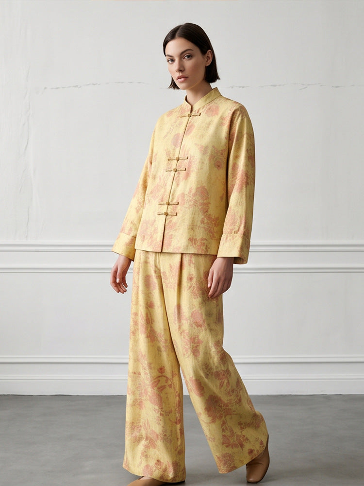 Damen Zweiteiliges Jacquard-Set mit Mandarin-Kragen und weit geschnittener Hose Drune