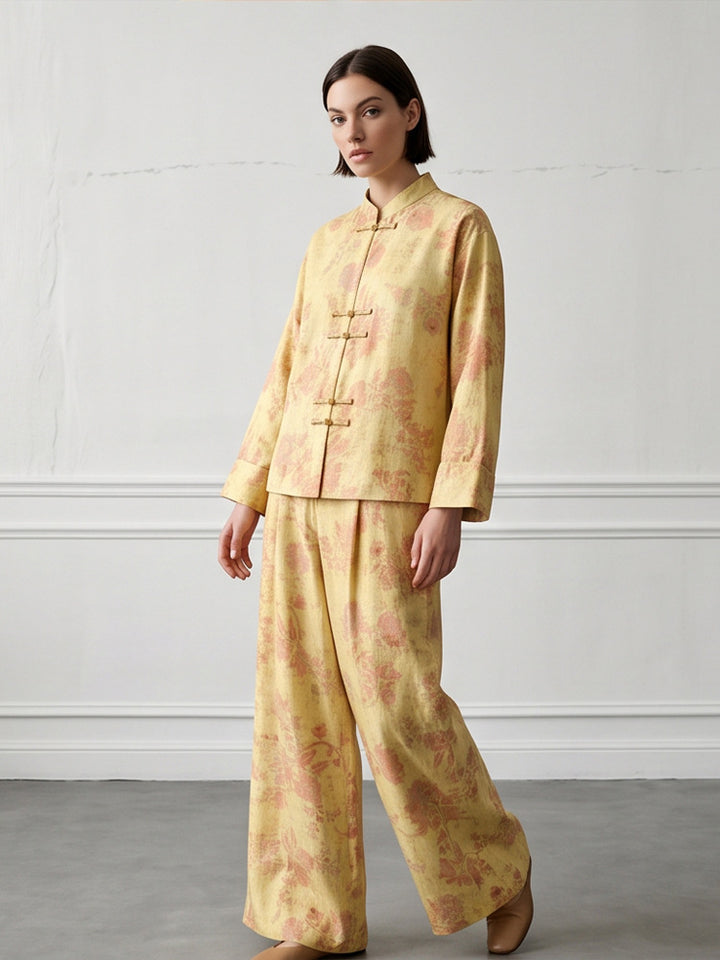 Damen Zweiteiliges Jacquard-Set mit Mandarin-Kragen und weit geschnittener Hose Drune