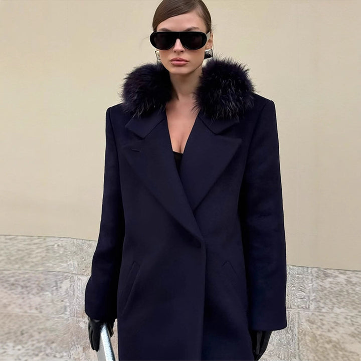 Damen langer Wollmix-Mantel mit großzügigem Kunstpelz‑Schalkragen und Oversize‑Schnitt Drune