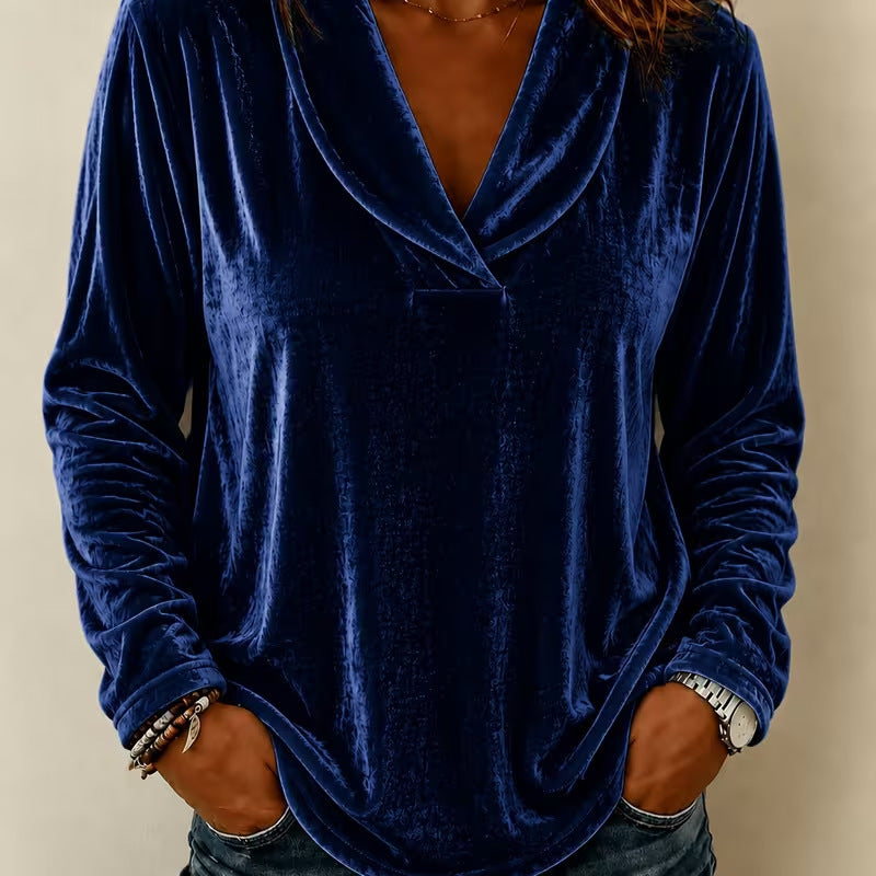 Damen Samt-Longsleeve mit Schalkragen und V-Ausschnitt Drune
