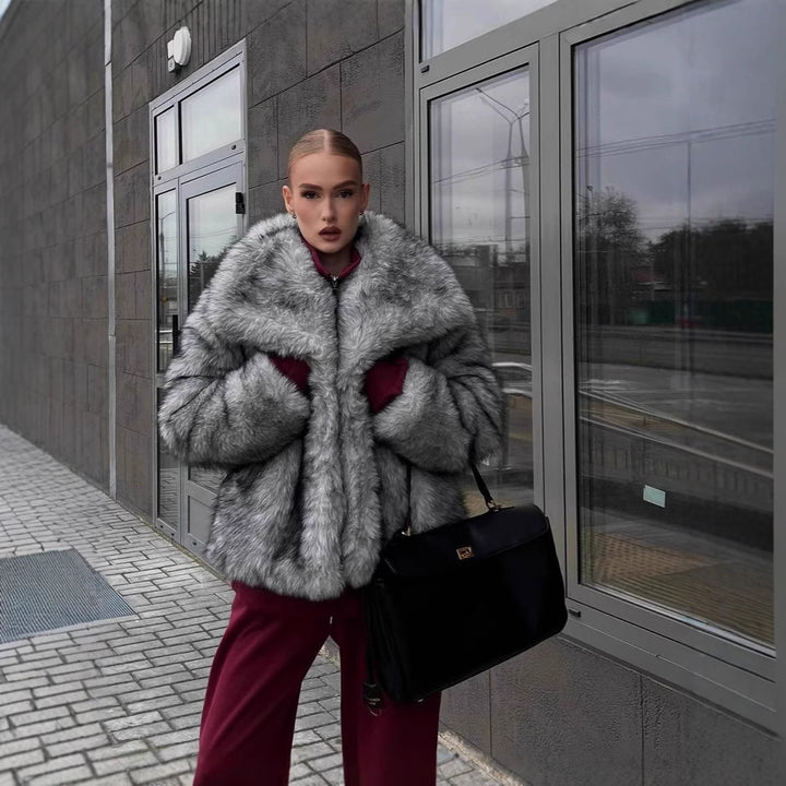 Damen elegante Kunstfelljacke mit voluminösem Kragen und verschließbaren Taschen Drune