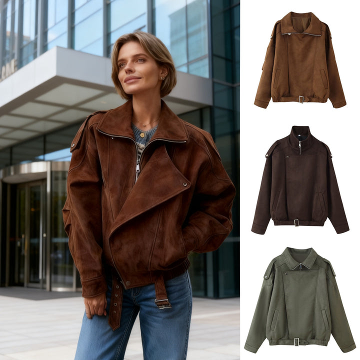 Damen Kurzjacke im Biker-Blouson-Stil mit Gürtel und asymmetrischer Klappe Drune