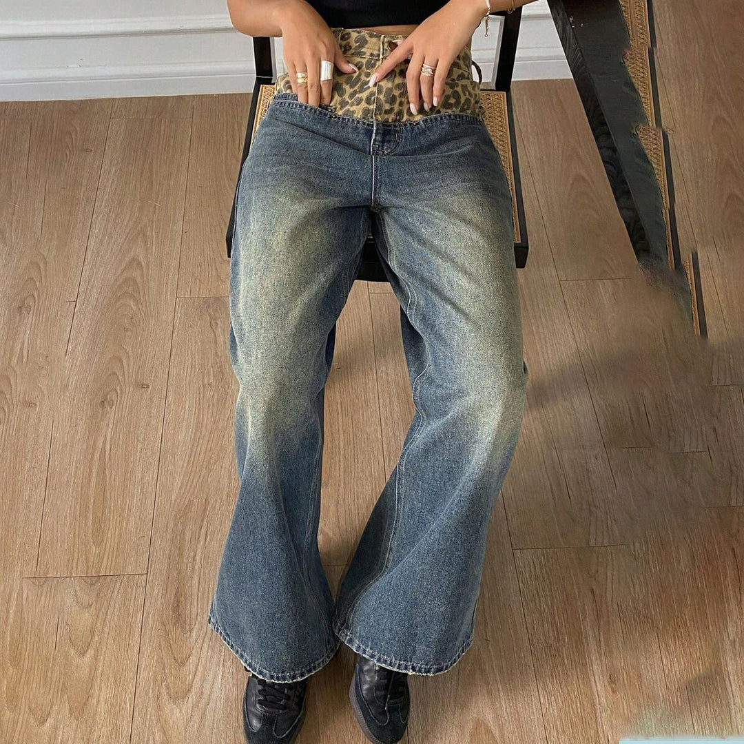 Damen Weit geschnittene Jeans mit Leopard-Hochbund Drune