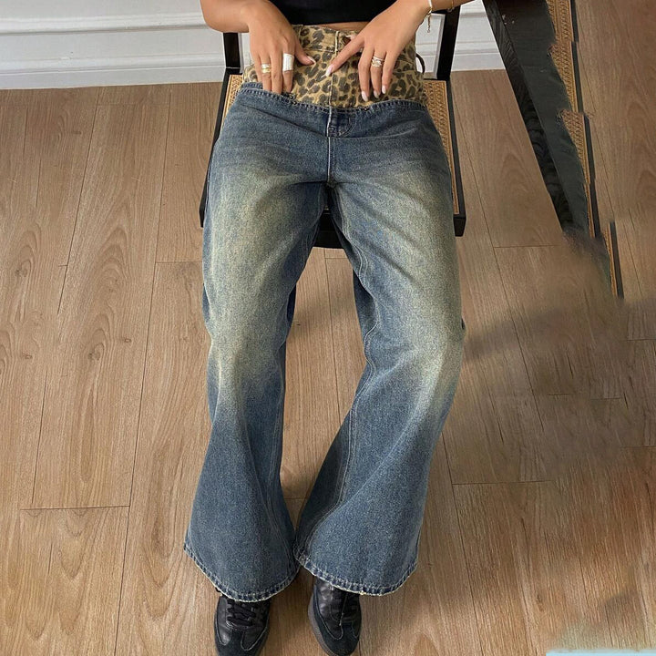 Damen Weit geschnittene Jeans mit Leopard-Hochbund Drune
