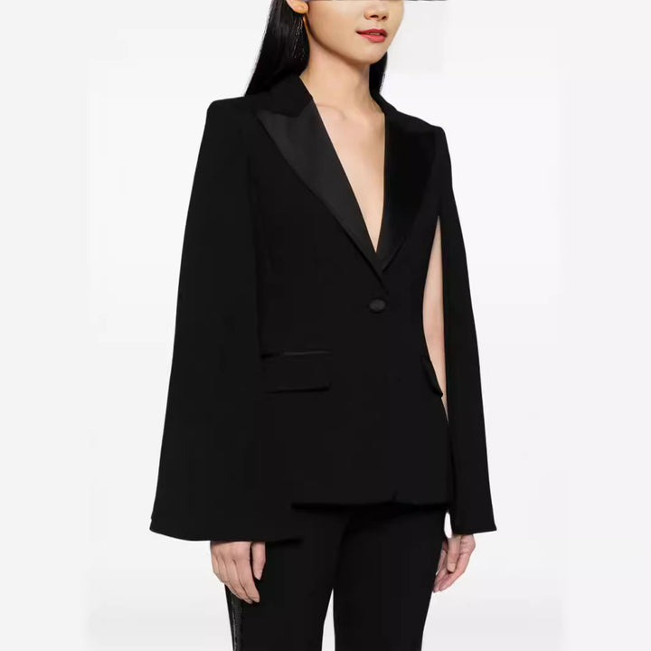 Damen Zweiteiliges Abendliches Blazer-Set mit Cape-Ärmeln und ausgestellten Marlene-Hosen Drune