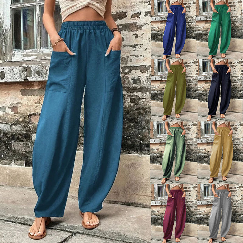 Damen Weite Leinenhose mit elastischem Bund, aufgesetzten Taschen und lässigem Harem-Schnitt Drune