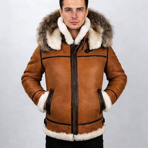 Herren Lammfell-Bomberjacke im Aviator-Stil mit Kapuze und Kontrastlederbesatz Drune
