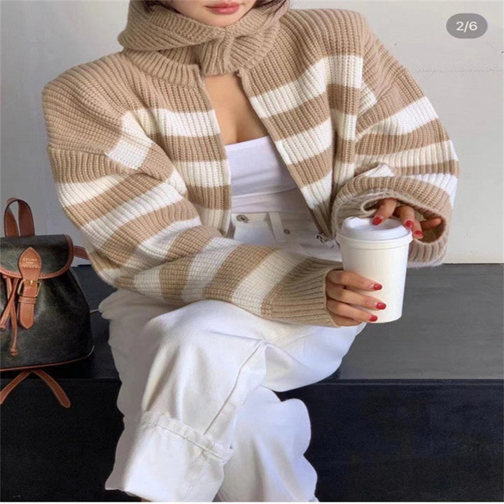 Damen modische Strickjacke mit hohem Kragen und breiten Streifen Drune